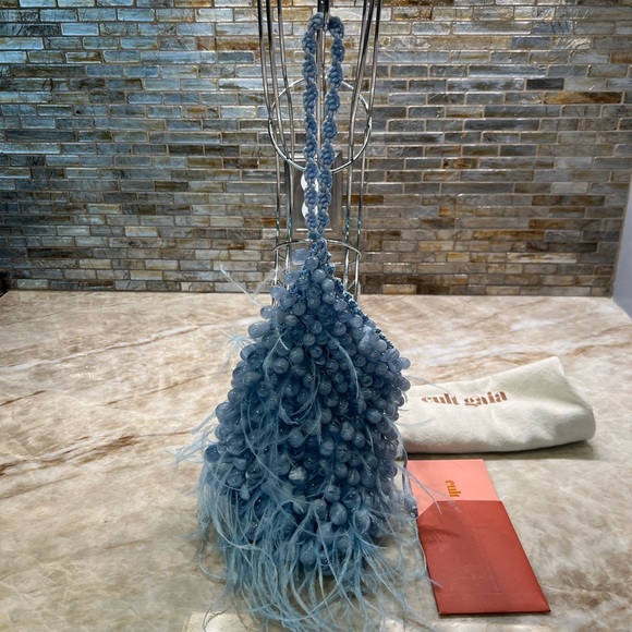 cult gaia Handbags - SOLD CULT GAIA Dory Ostrich Feather Beaded Wristlet Ice Blue